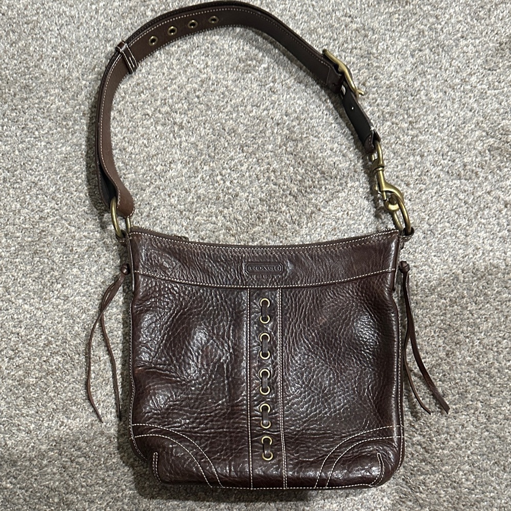 Coach Dark Brown Pebbled Leather Shoulder Bag with Brass Hardware